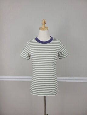 Madewell Sage and White Striped Short-Sleeve Tee with Purple Neckline
